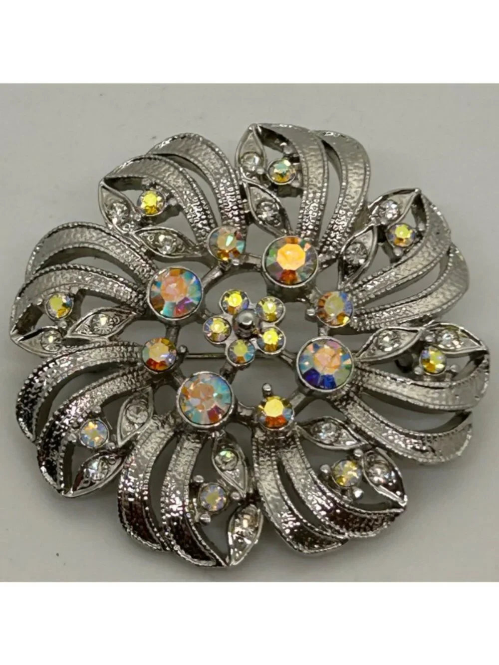 Vintage Aurora Borealis Brooch Rhinestone Silver-tone Pin Floral Starburst